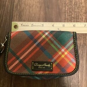 Dooney &‎ Burke red tartan plaid wristlet with black trim 6”snap closure